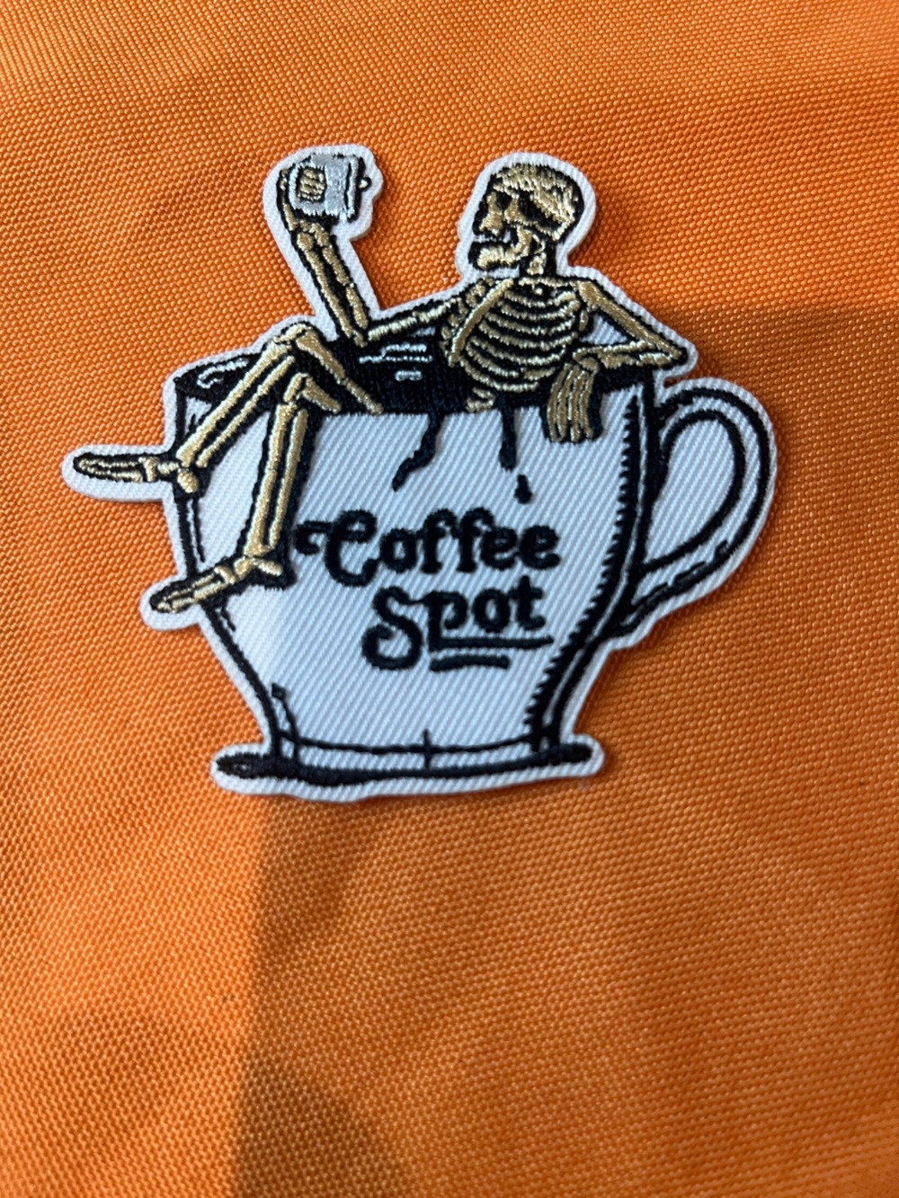 White & Gold Skeleton-in-Cup Embroidered Patch - Coffee Spot